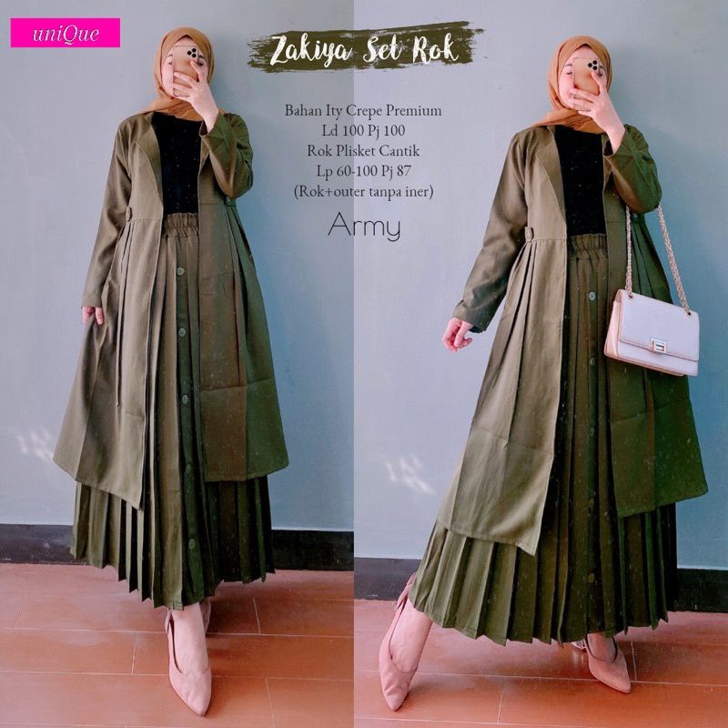 one Set + Rok Tunik Wanita  (Zakiya Set rok) Muslim Jumbo Bahan Itty Crepe Terbaru