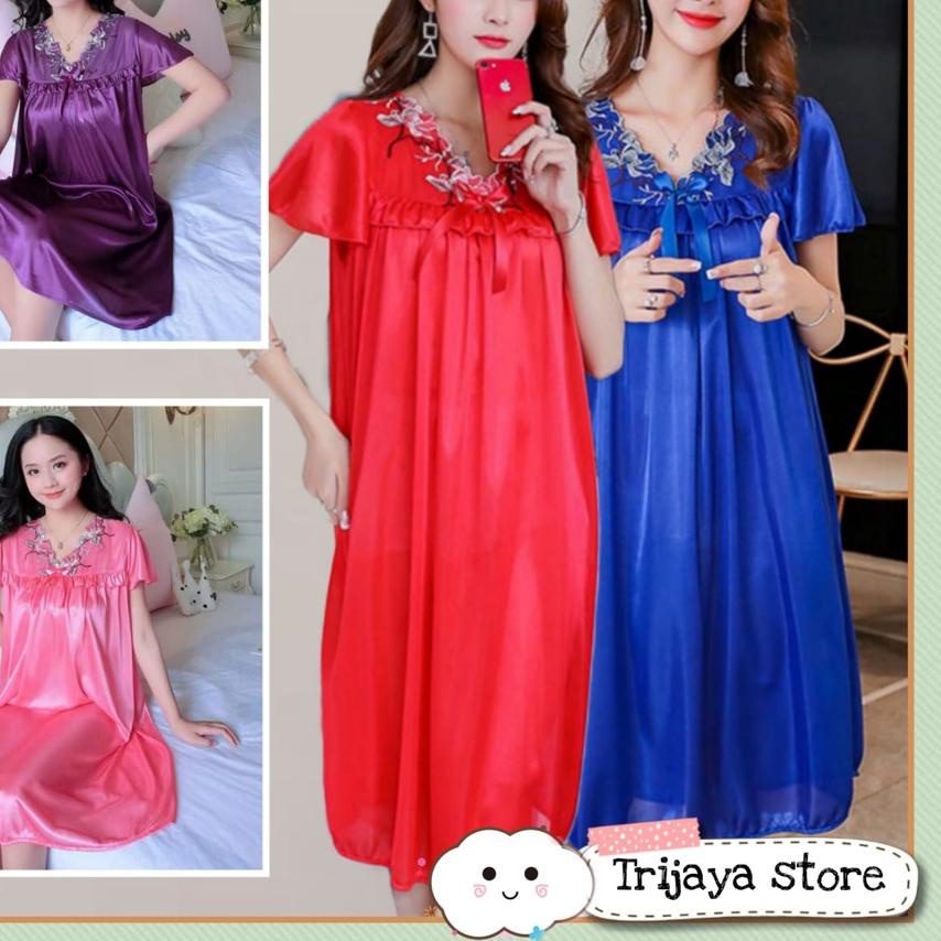 ❅ Trijaya . daster lingerie jumbo satin brukat sleepwear / baju tidur wanita jumbo big size ✻