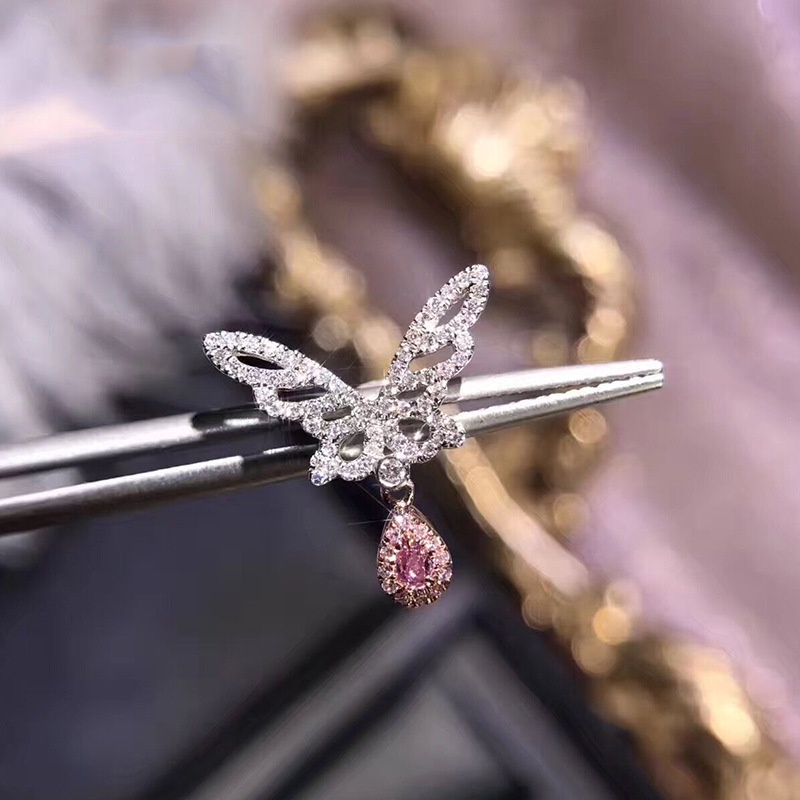 Anting Tusuk Berlian Model Kupu-Kupu Warna Pink Untuk Wanita