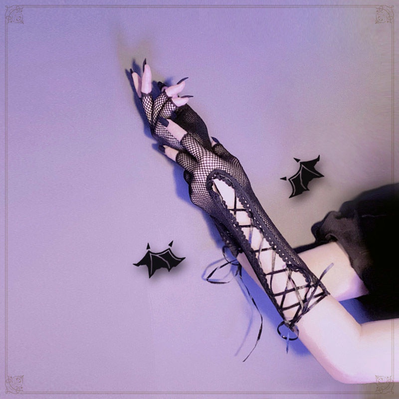 Harajuku Hitam LolitalolitaPanjang Hollow-Out Stoking Jala Sarung Tangan Sarung Tangan Setengah Jari
