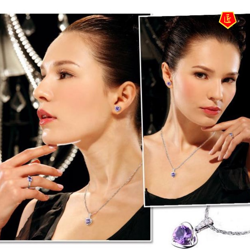 [Ready Stock]Love Heart-Shaped Silver Necklace Women's Korean Fashion Simple Amethyst Pendant