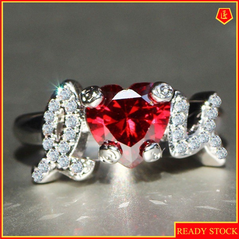 [Ready Stock]I Love U Heart-Shaped Red Rhinestone Ring 925 Silver Female