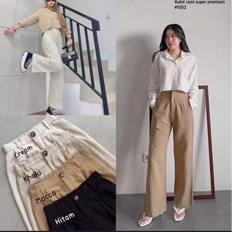 Kulot Linen Rami Highwaist Pinggang Karet Wide Leg Cullote