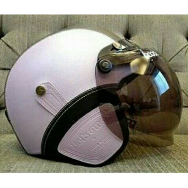 Helm retro bogo kulit classic ungu list hitam kaca bogo ori