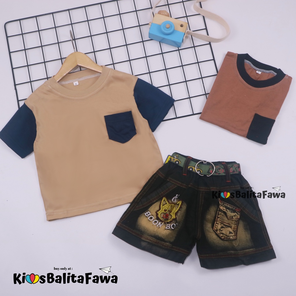 Setelan John Ethes uk 1-2 Tahun / Baju Anak Laki-Laki Lengan Pendek Celana Jeans Set Oblong Kantong