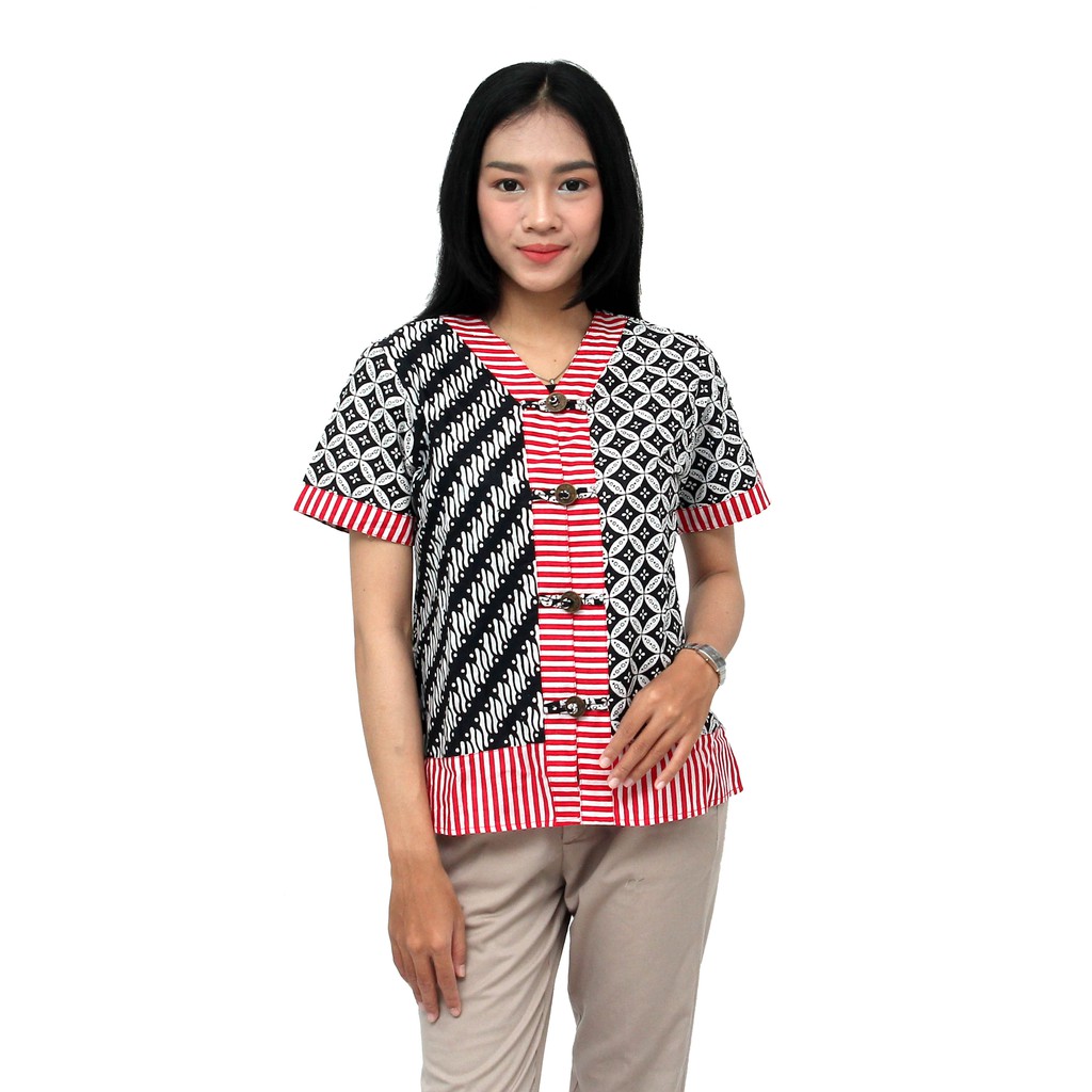 Batik Wanita Atasan Blouse Modern Trendy Warna Hitam Kombinasi Merah by batik dua putri collection