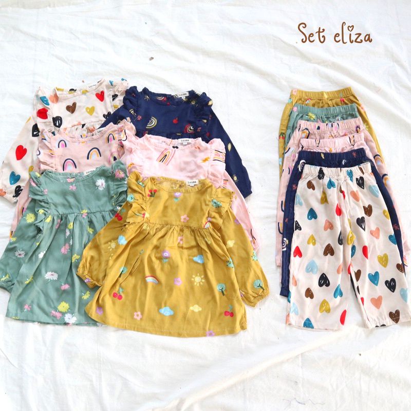SET ELIZA SETELAN ANAK LENGAN PANJANG RUFLLE  / ONESET ANAK RAYON RUFLE / BUSANA MUSLIM ANAK RAYON B