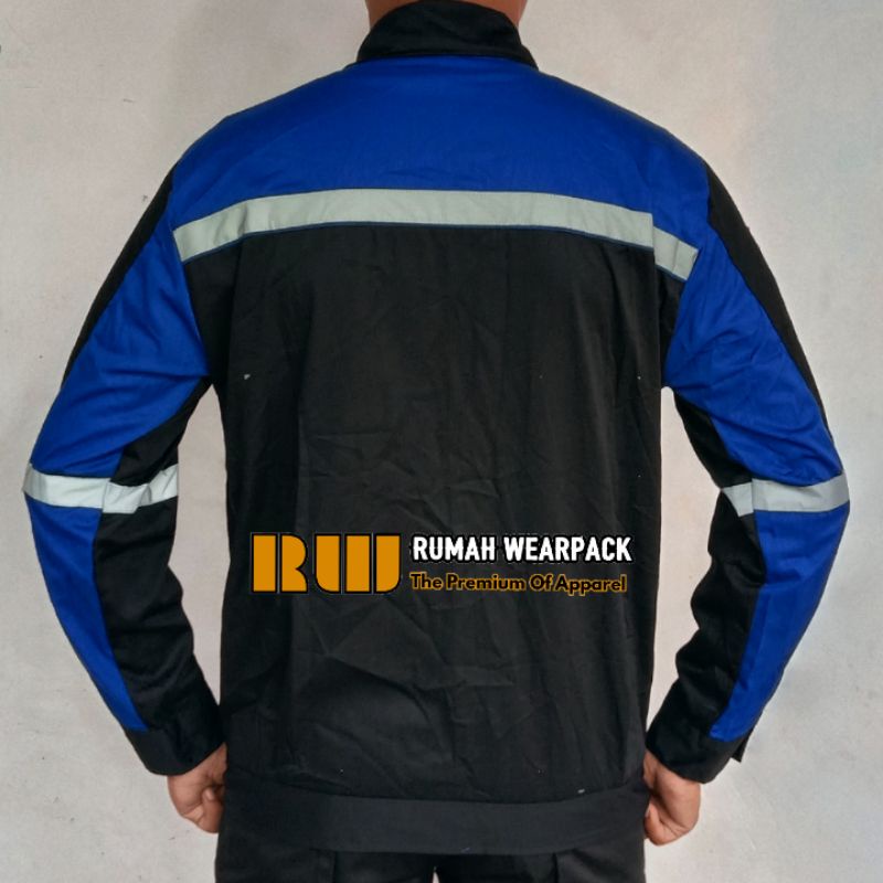 Baju Kerja/ Wearpack Proyek/ Seragam Kerja Atasan Warna Hitam Kombinasi Biru Benhur