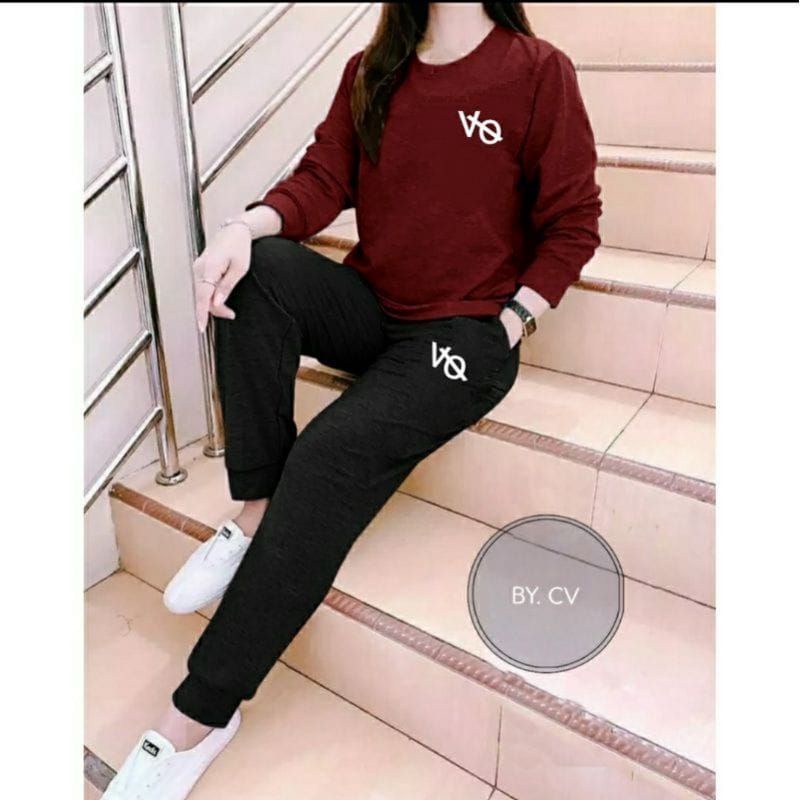 Setelan Baju lengan panjang wanita-baju +Celana jooger trendy VO setelan Distro keren