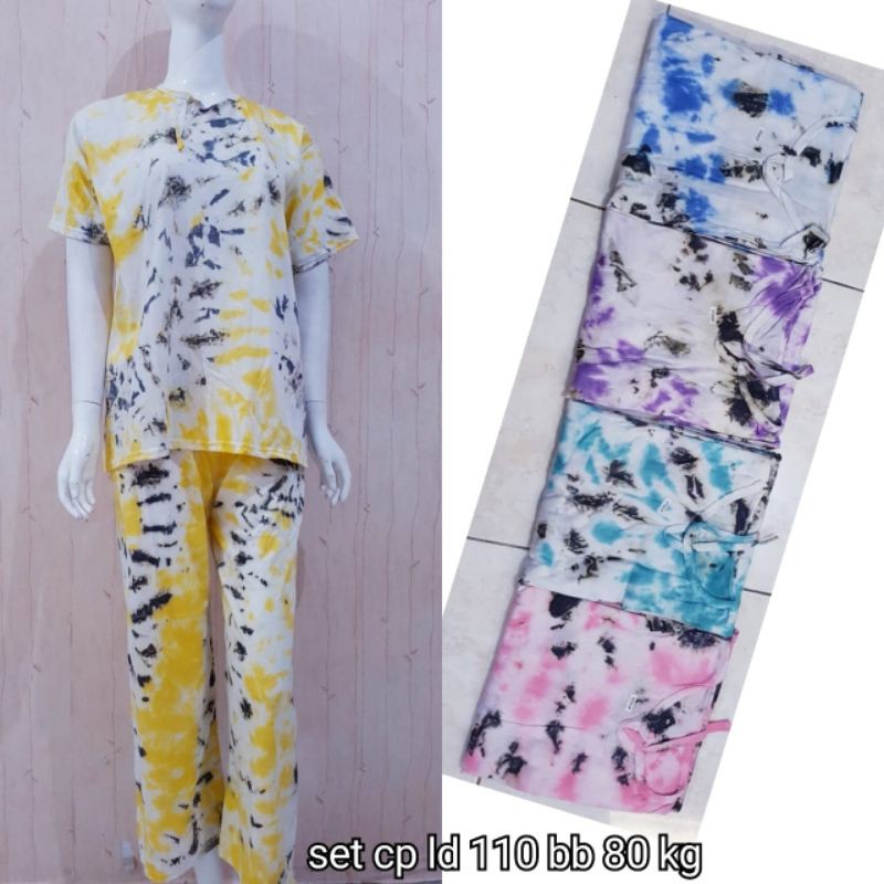 setelan celana panjang bahan kaos piyama baju tidur motif tie dye Tiger fit to xl
