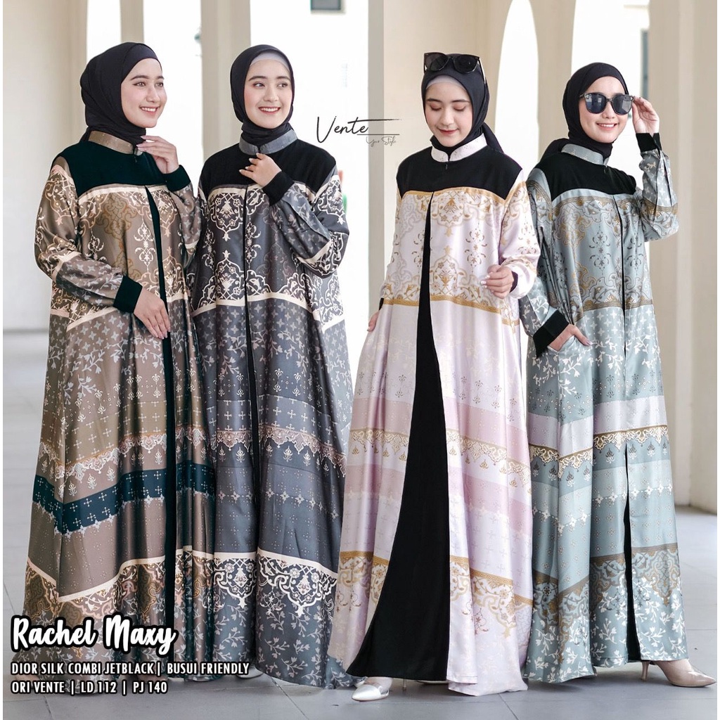 MAXY DRESS/GAMIS MOTIF SUPER ELEGAN BUSUI FRIENDLY ~ BAHAN DIOR SILK JETBLACK ~ RACHEL MAXY ORIGINAL