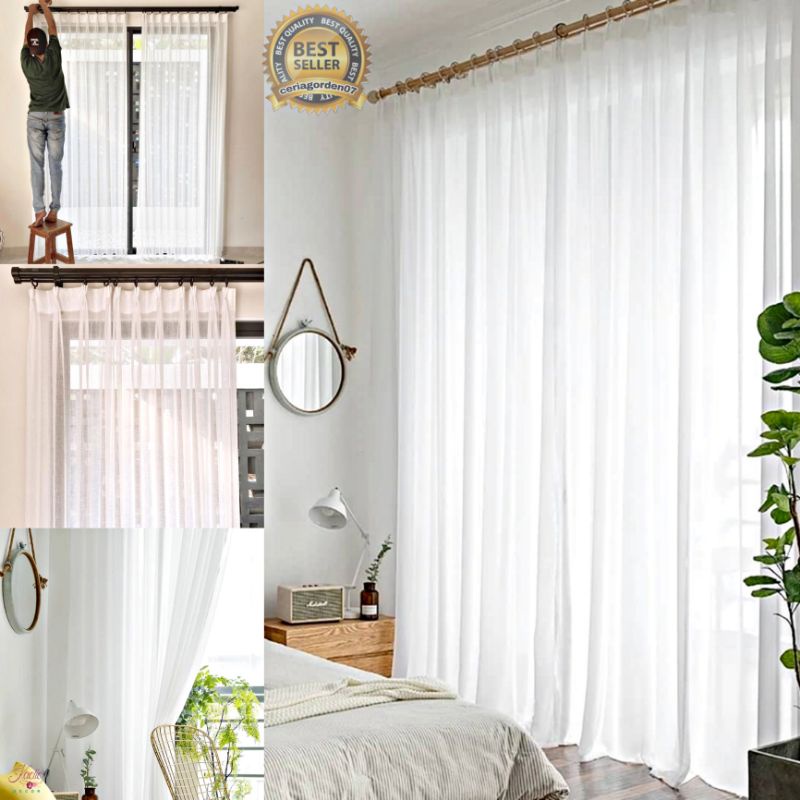 Gorden Jendela Vitrase Polos Bahan Poil Arna Arna Putih Tulang Memakai Pengait Kawat