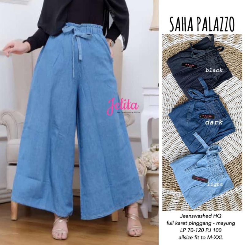 Saha Palazzo Pants - Celana Wanita Dewasa Bahan Jeans Denim Model Kulot Motif Polos