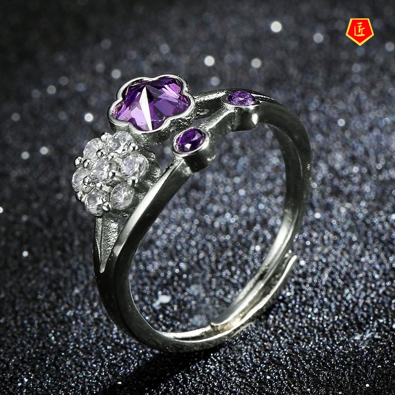 [Ready Stock]Women's Platinum Flower Amethyst Ring