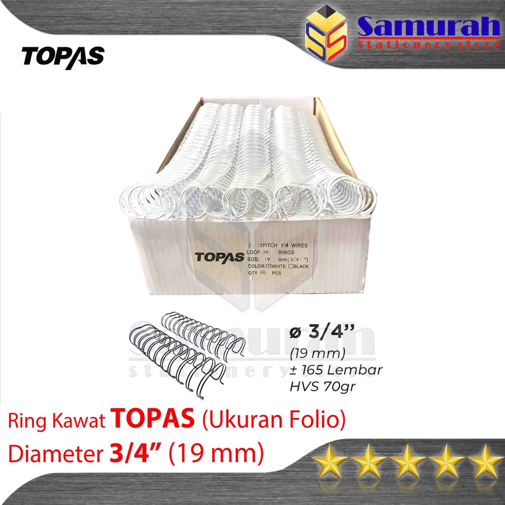 

Ring Binder Kawat Topas Ukuran Folio 3/4" Diameter 19 mm / 26 Wire Ring Binding 2 : 1 isi 50 Batang / 26 Lubang