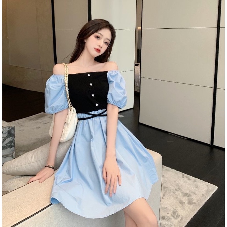 BKY - Korean Off Shoulder Midi Dress - Square Neckline - Puff Sleeves - Flare skirt - Dami