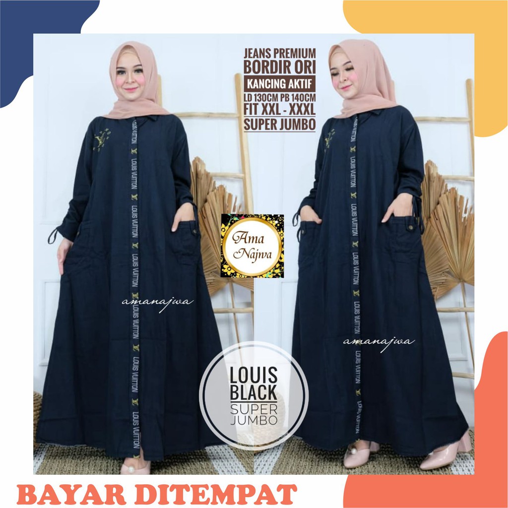 [ Bisa COD ] Gamis Wanita Jumbo Dress Jumbo Ld 130 Kancing Depan Bordir LV Gamis Muslim Terbaru