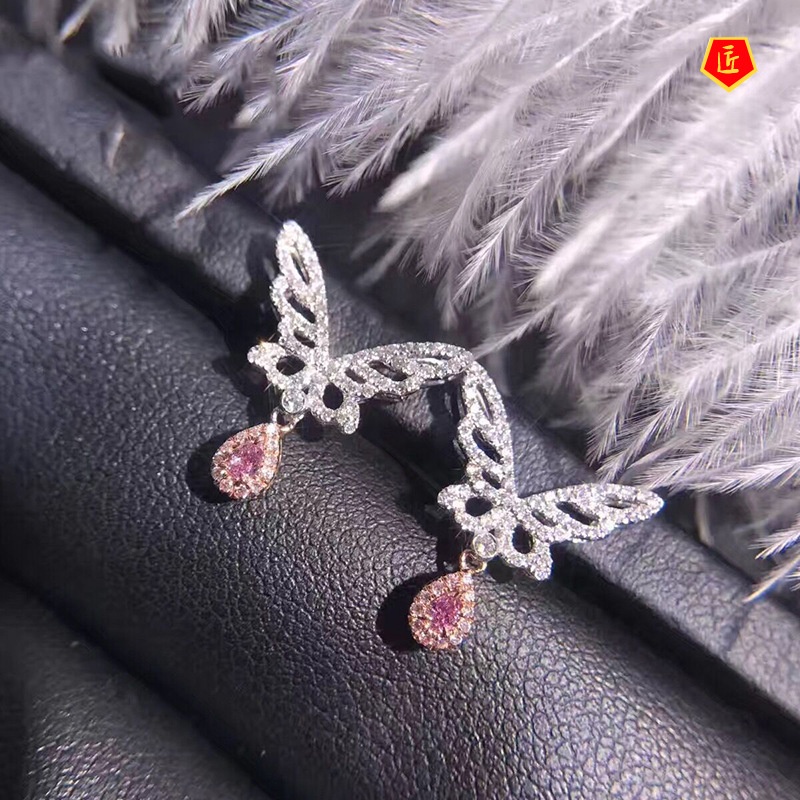 [Ready Stock]Fairy 18K Gold Pink Diamond Butterfly Stud Earrings