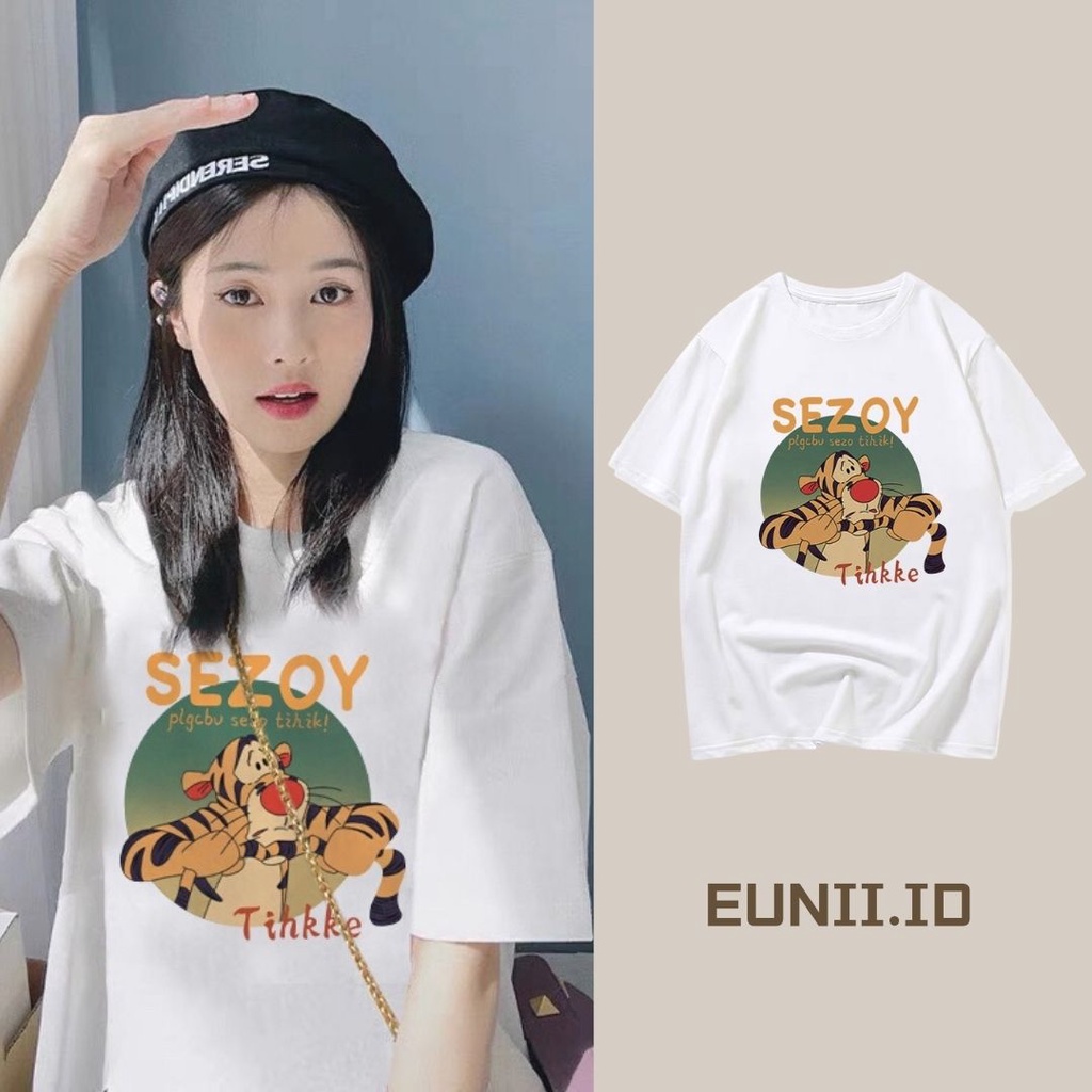 EUNII T-shirt Lengan Pendek Cetakan Kartun Harimau Longgar Korean Style/Kaos Atasan Wanita/Baju Kaus Oversize Wanita