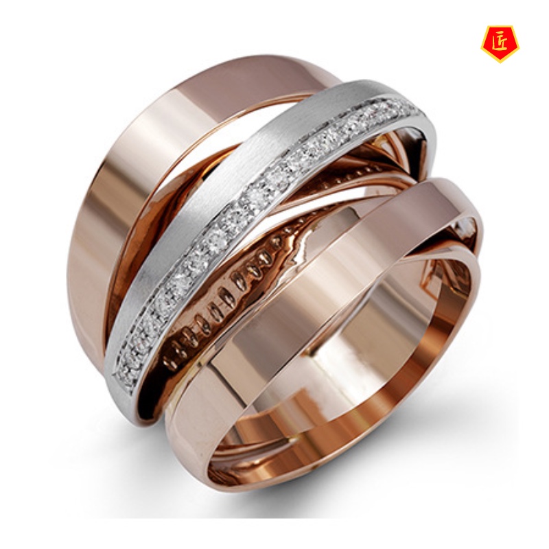 [Ready Stock]Creative Fashion Diamond 18K Rose Gold Two-Tone Ring