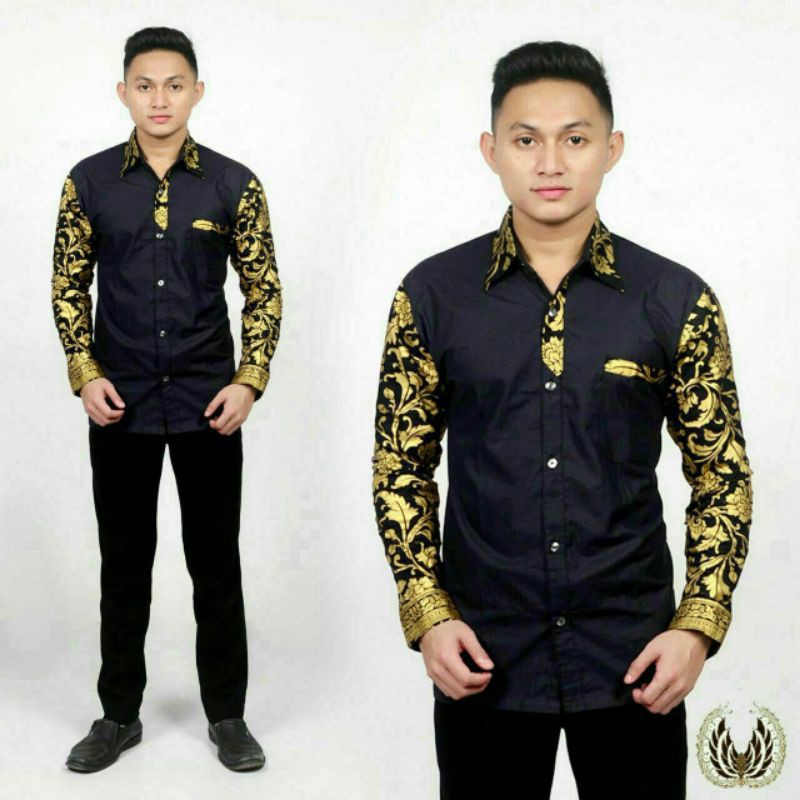 Kemeja Kombinasi Batik Prada Lengan Panjang / jumbo / Seragam Kantor / Baju Pria dewasa / Kasual