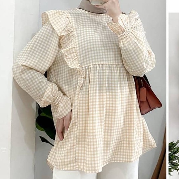[ARFA STYLE] NOE BLOUSE - Atasan Wanita Motif Kotak Model Terbaru 2021 - MURAH/Bisa COD-Mocca