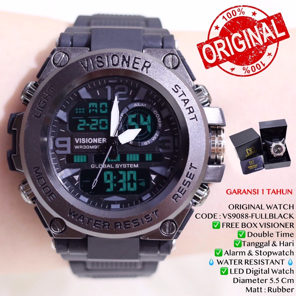 Jam tangan pria ORIGINAL FREE BOX VISIONER double time anti air LED free baterai cadangan termurah VS9088