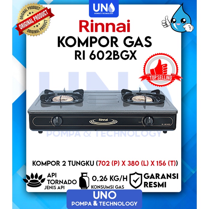 Rinnai Kompor Gas Anti Gores 2 Tungku Api Tornado RI 602 BGX / RI-602BGX / RI602BGX