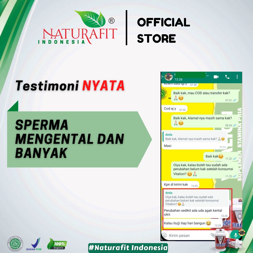 Vitalion Original Obat Herbal Stamina Pria, Meningkatkan Kualitas Sperma, Ejakulasi Dini, Lemah Syahwat, Promil, Menyuburkan Sperma Pria, Mempercepat Program Hamil, isi 60 kapsul Naturafit BPOM-6