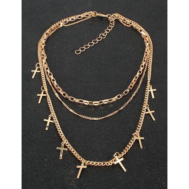 LRC Kalung Fashion Gold Color Cross Geometric Chain Multi-layer Necklace P09930