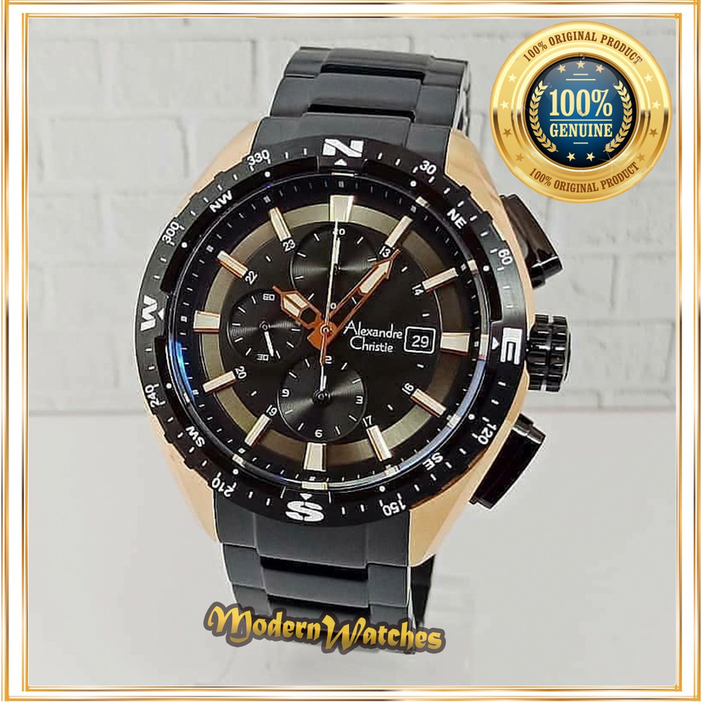 Jam Tangan Ori Pria Alexandre Christie AC 6436 Black Rosegold Hitam Sport Keren Alexander Stainless