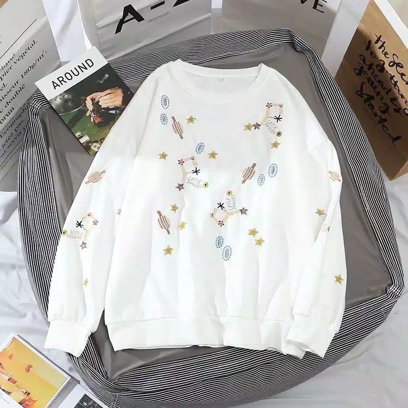 Sweater Jaket Outerwear Pakaian Wanita Oversize Korean Style Galaxy Planet Crewneck Oblong