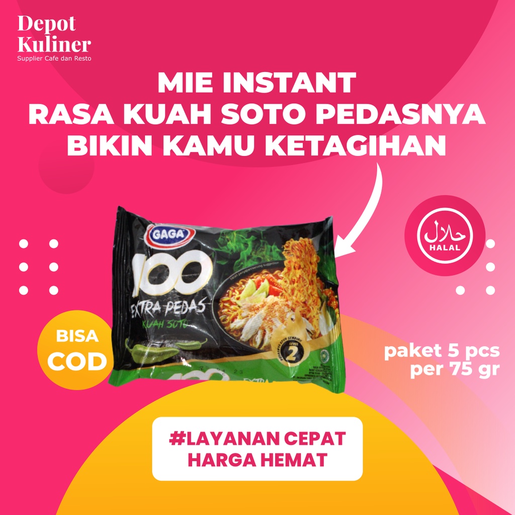 5 Bungkus Mie Gaga 100 Extra Pedas Kuah Soto 75Gr Mi Instan