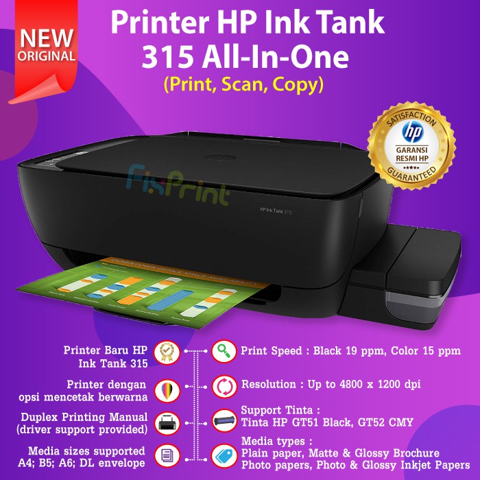 Printer Ink Tank HP 315 Print Scan Copy Infus Pabrik Resmi Tinta GT51 Black GT52 Cyan Magenta Yellow