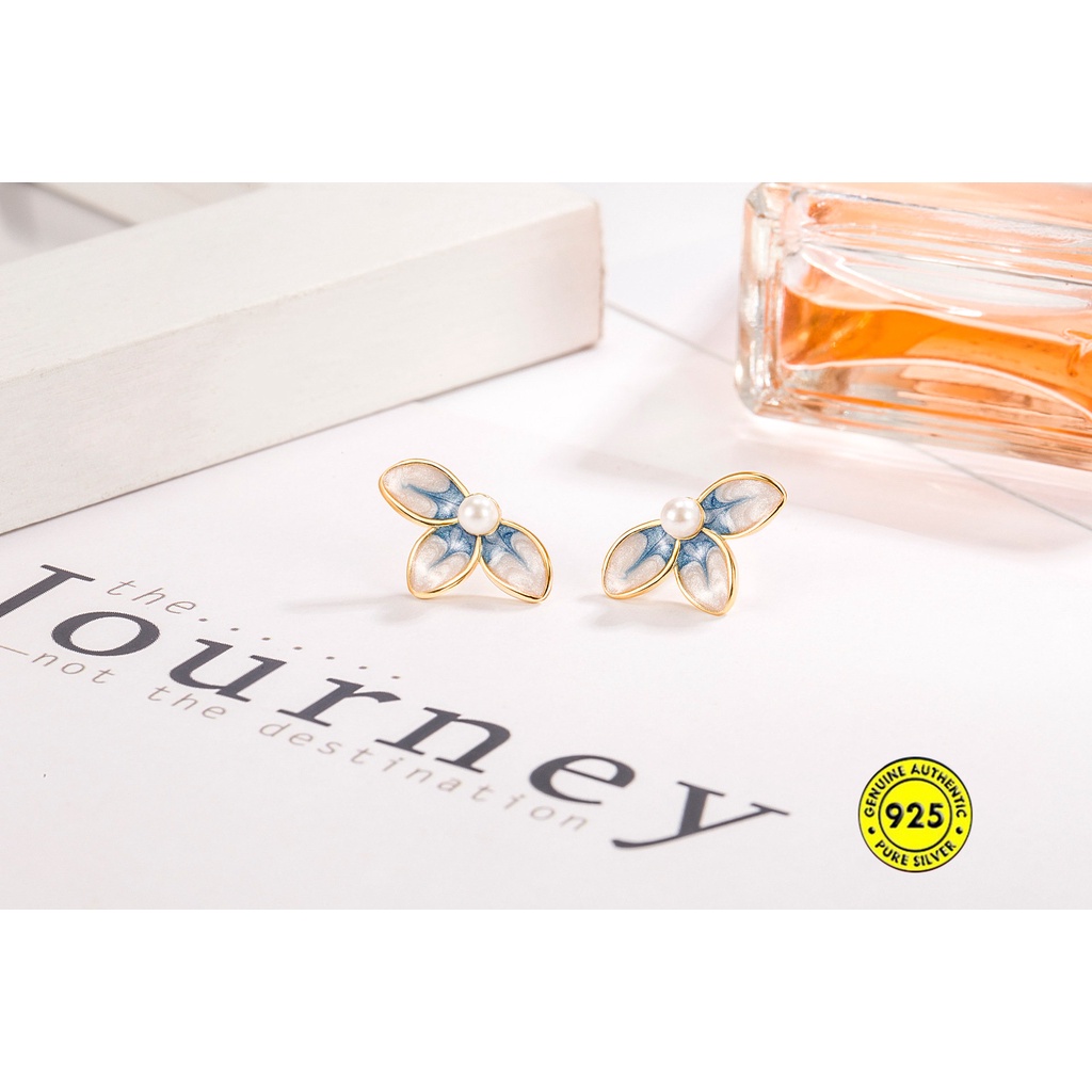 Anting Tusuk Motif Bunga Hias Mutiara Imitasi Warna Biru Muda Untuk Wanita / Musim Panas U928