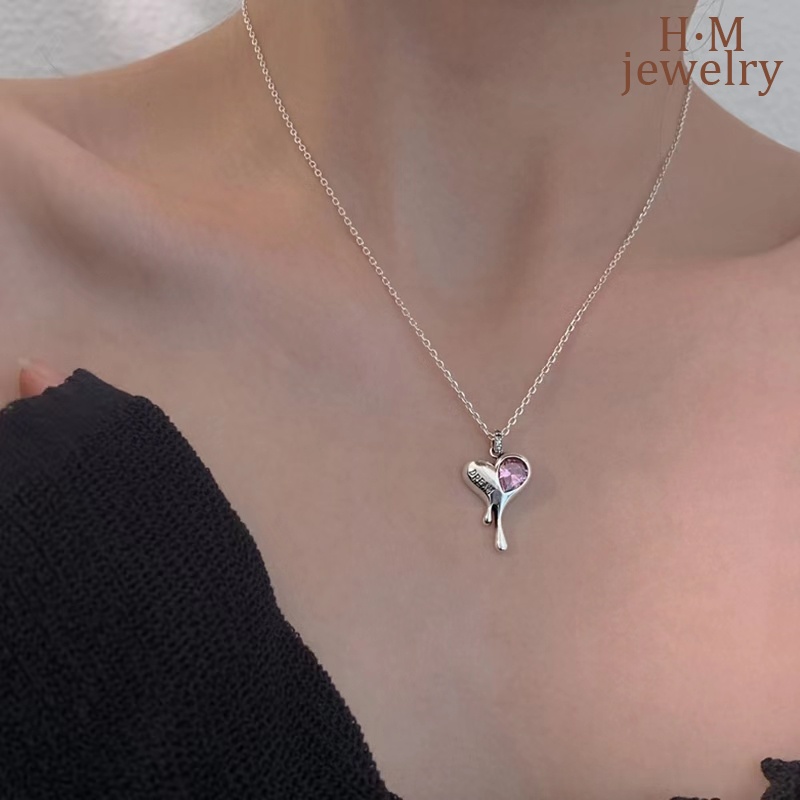 Kalung Rantai Sterling Silver 925 Dengan Liontin Hati Warna Pink Untuk Wanita