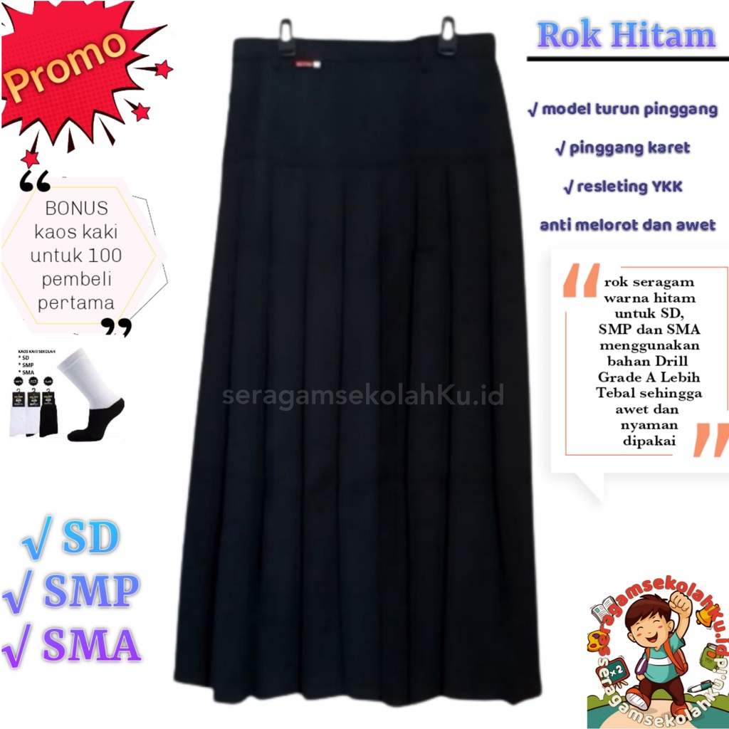 Seragam Sekolah SD SMP SMA Rok Sekolah Warna Hitam Rok Plisir Rempel Seragam