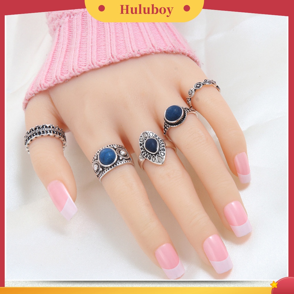 Hu Hu Hu Hu Hu Alat Bantu Pasang Kacamata♡ 5pcs / Set Cincin Alloy Gaya Vintage Bohemia Dengan Batu Biru Untuk Wanita