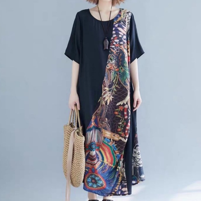 73006 Baju Dress Maxi panjang lengan pendek polos mix motif bunga santai seragaman kondangan pesta b