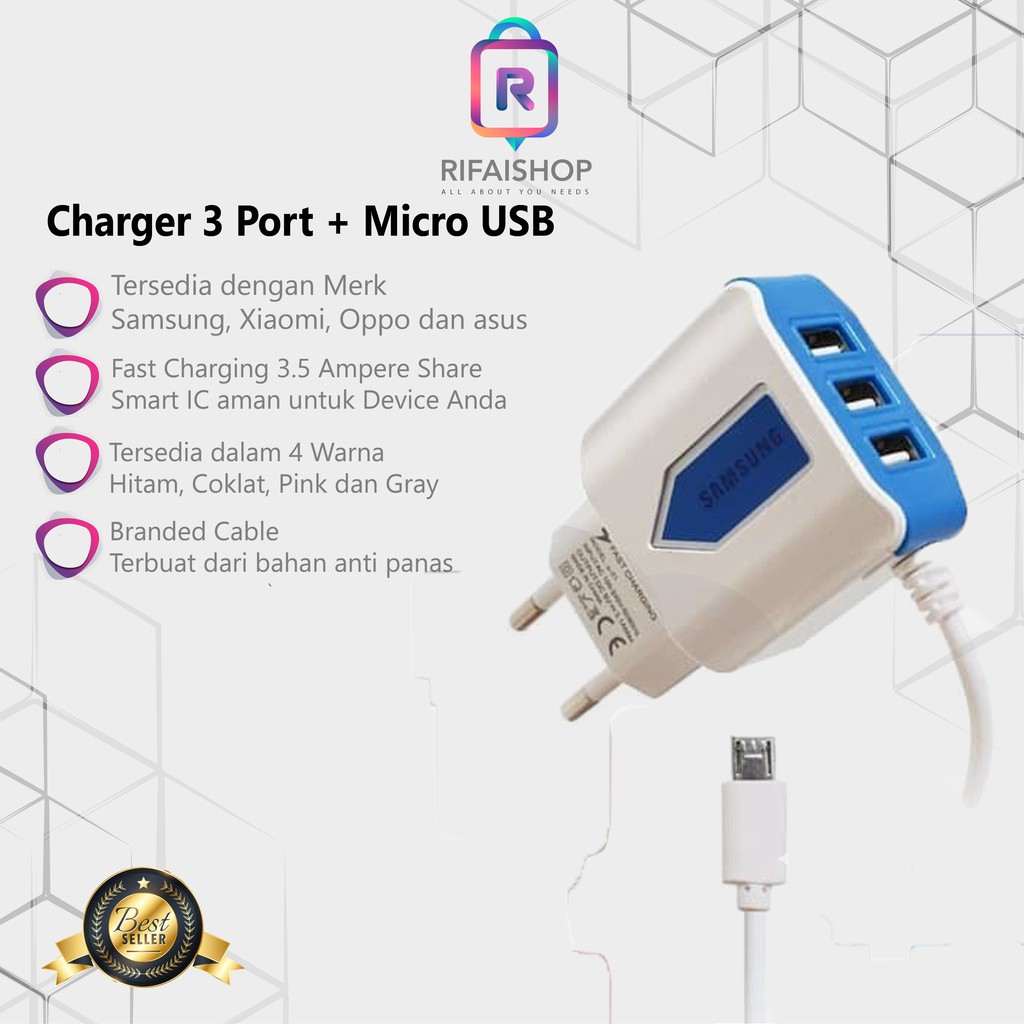 Charger 3 USB port + kabeldata micro Branded LED Samsung, Xiaomi,Oppo