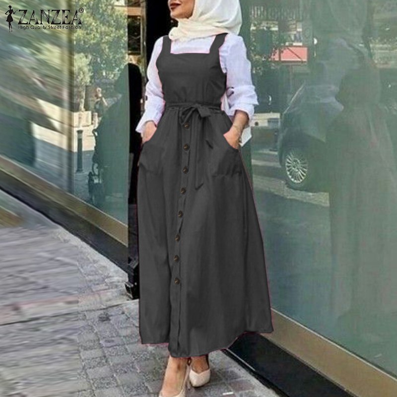 ZANZEA Women Casual Square Neck Buttons Sleevless Muslim Long Dress