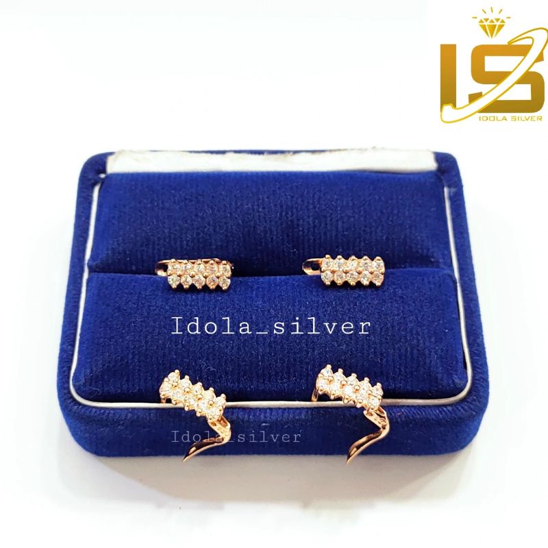 ANTING PERAK ASLI SILVER 925 LAPIS EMAS MODEL JEPIT PERMATA 2 BARIS- PERHIASAN PERAK WANITA