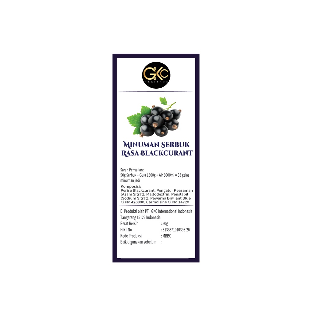 Bubuk Sirup Blackcurrant / Blackcurrent Powder Syrup Serbuk Minuman Powder Drink GKC Heritage 50 gr