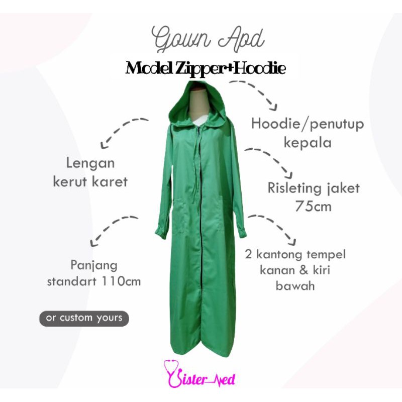 PO 2 Hari Gown APD Dokter/ Perawat/ Bidan Model Zipper+Hoodie