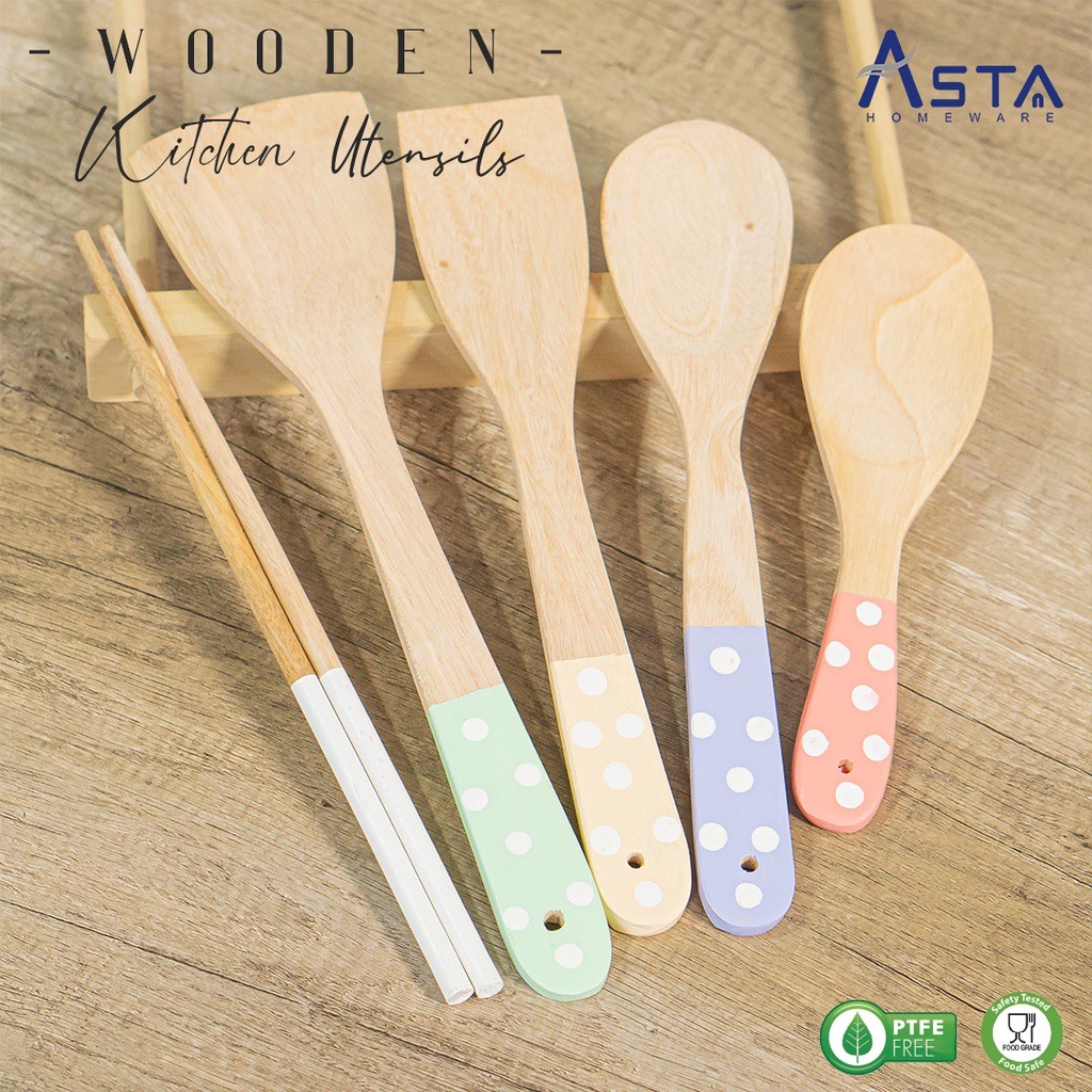 ￼Spatula Set Motif Polkadot Premium / Spatula Kayu Set - Wooden Spatula Set / Sutil, Solet, Spatula set