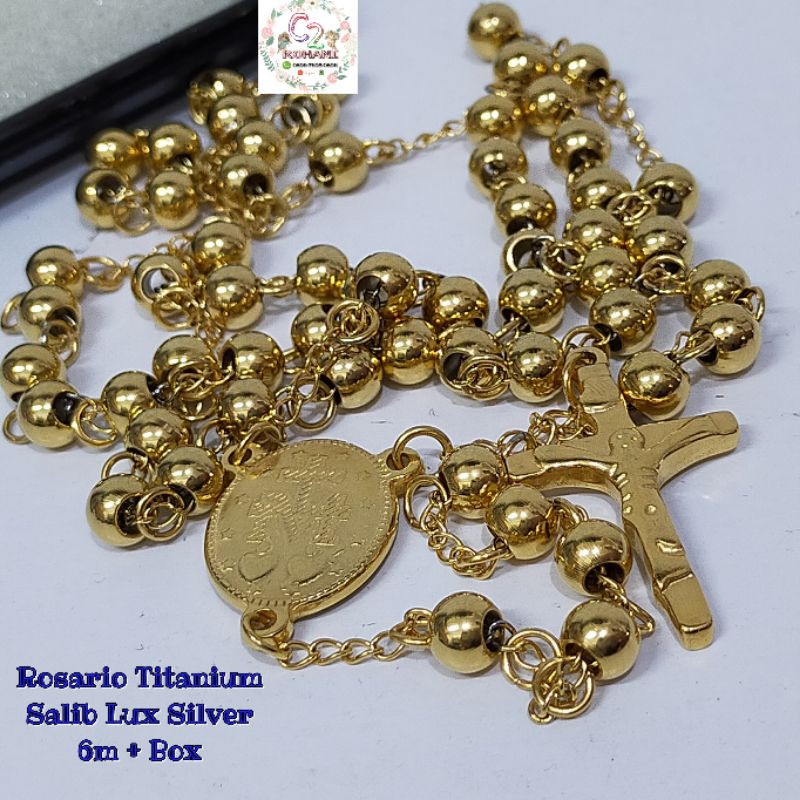 Rosario Titanium Salib Lux Silver Gold 6m + Box - Rosario Rohani