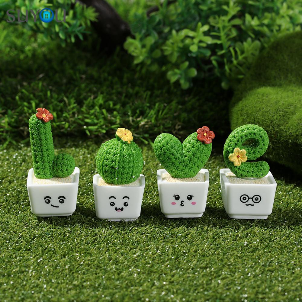 Suyou 1 / 4 Pcs Miniatur Kaktus / Bunga Bahan Resin Untuk Dekorasi Taman Mini / Rumah Boneka