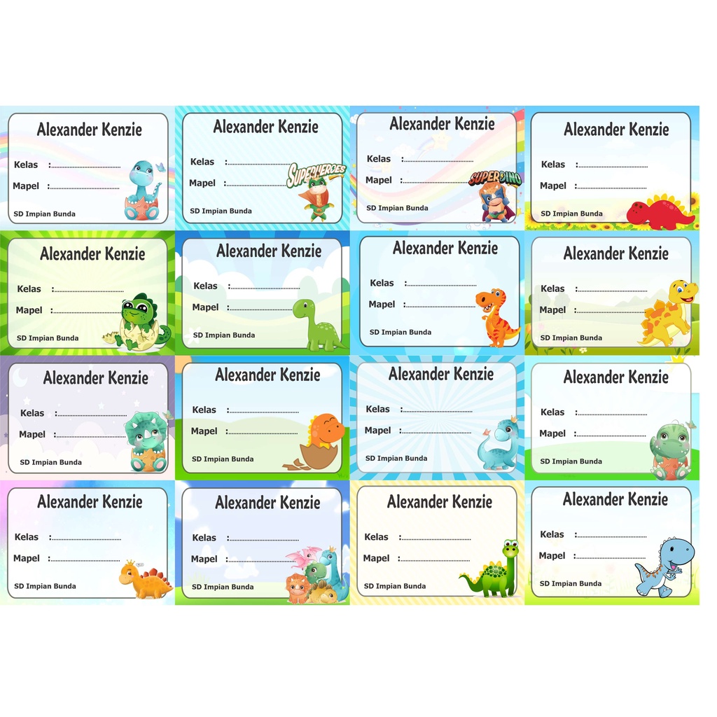 

Dino Label stiker buku nama kelas mapel custom