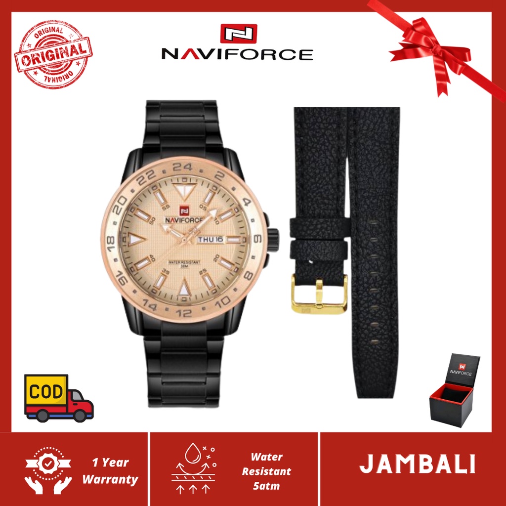 Jam Tangan Pria rantai hitam Naviforce 9109 Original bonus Strap Kulit