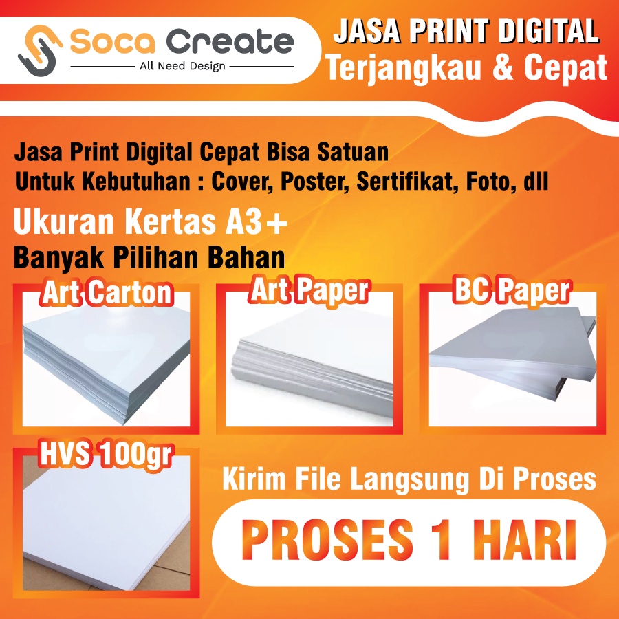 

Promo Cetak Digital A3+ Terjangkau Art Paper, Art Carton, BC Paper, Dan HVS 80gr
